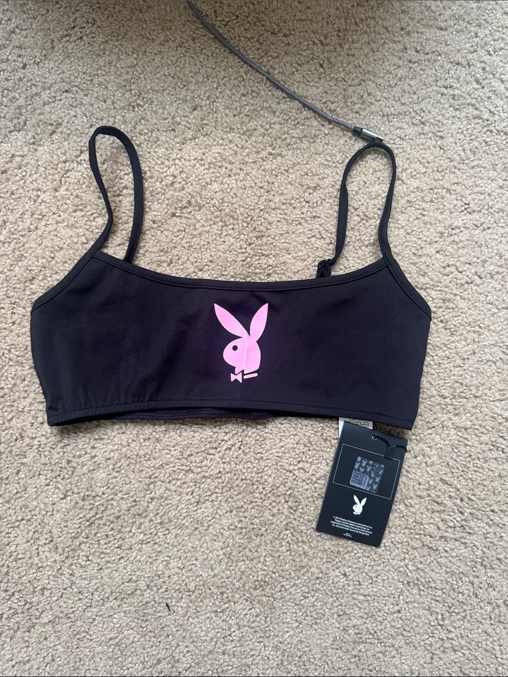 PLAYBOY Black Crop Top with Pink Bunny Graphic